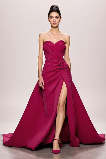 Fuchsia Satin A Line Ruched Sweetheart Long Formal Dress With Slit